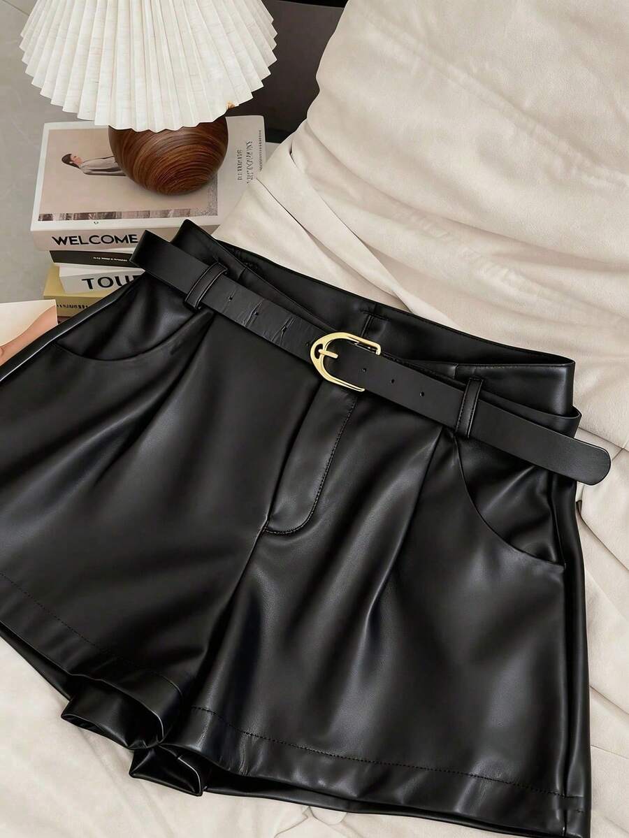 Women's Pocket PU Leather Fashionable Versatile Commuting Party Shorts - Black - View 4