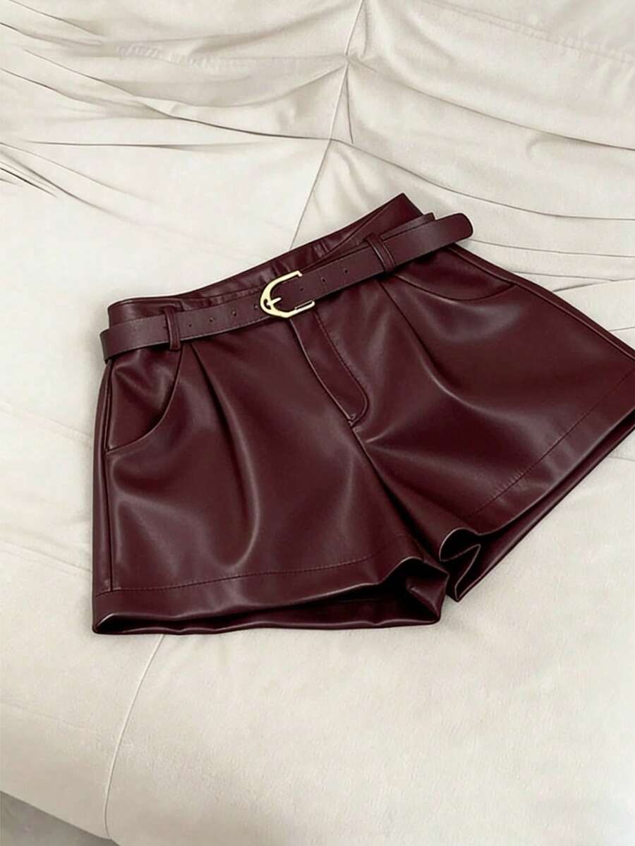 Women's Casual Commuter Solid Color PU Leather Pleated Waist Shorts - Burgundy - View 1