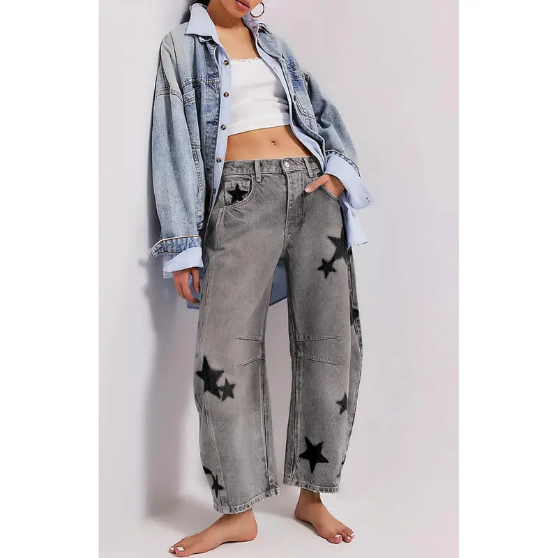 Casual Printed Horseshoe Jeans Y2k Loose Mid For Women