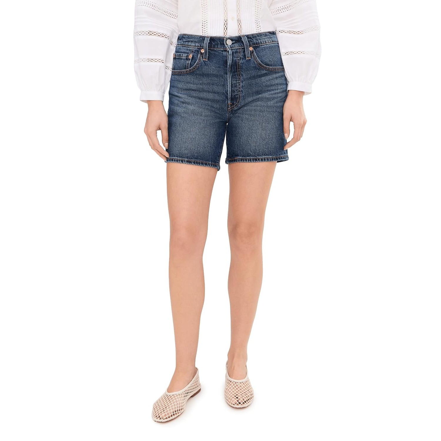 Distressed High Rise Denim Shorts With Pockets