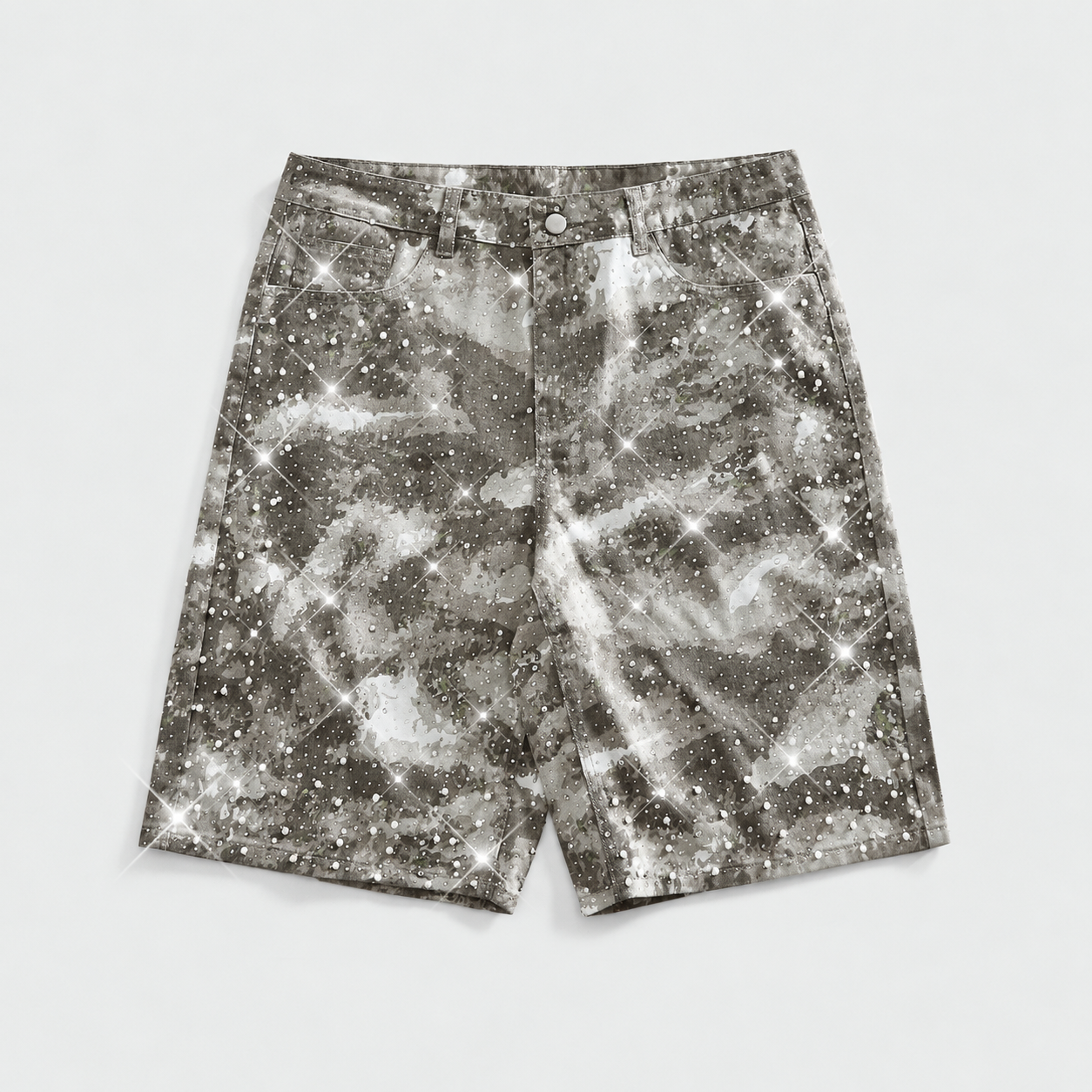 Pearl and Rhinestone Embellished Loose Denim Shorts for Men