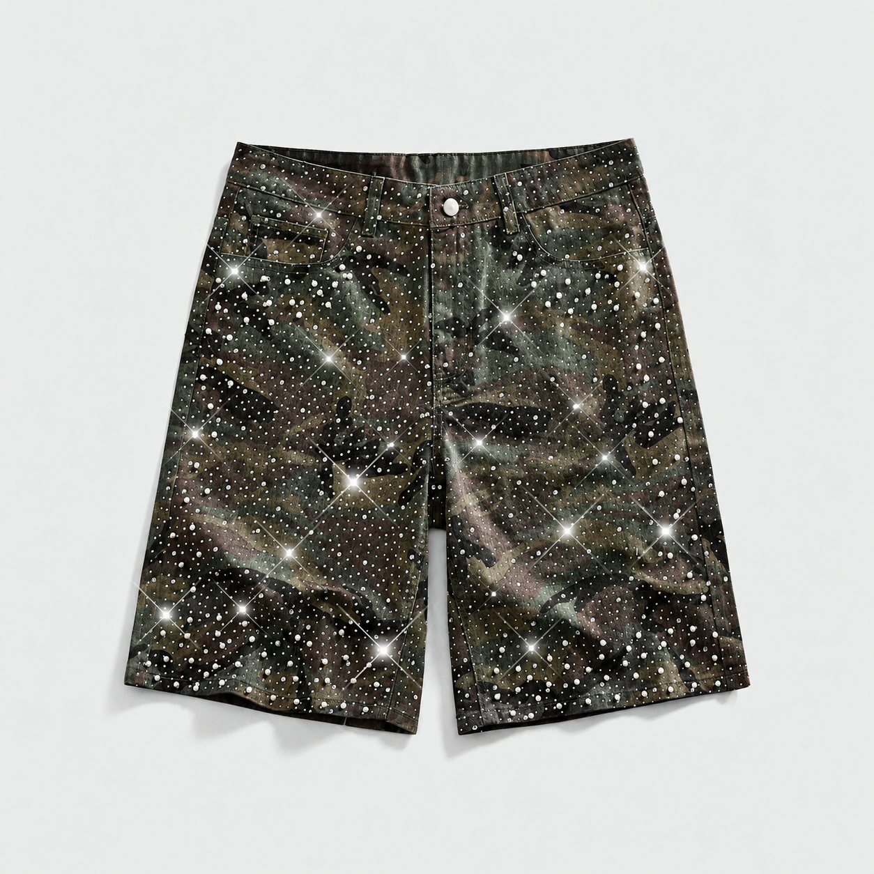 Pearl and Rhinestone Embellished Loose Denim Shorts for Men