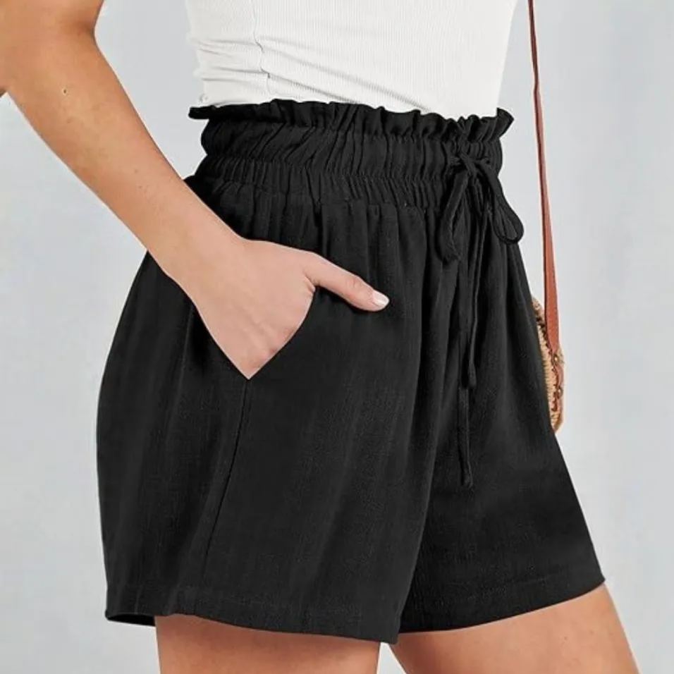 High Waist Wide  Drawstring Linen Shorts For Women