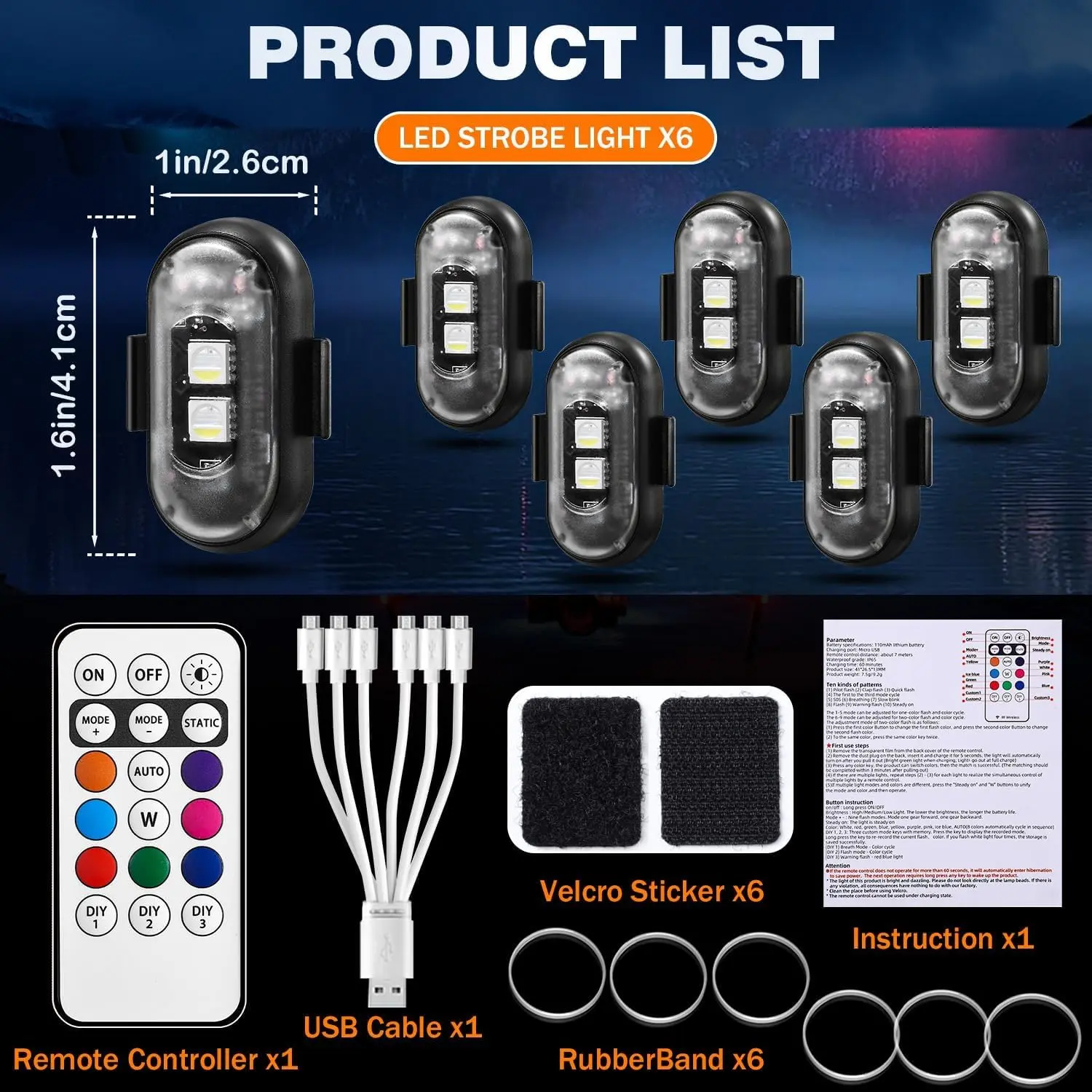 6PCS Wireless LED Lights for Car with Remote Control, Wireless LED Strobe Lights 8 Color&nbsp;USB Charing IP65 Waterproof Anti-Collision Warning Light for Car Interior Truck Motorcycle Drone Aircraft Bike