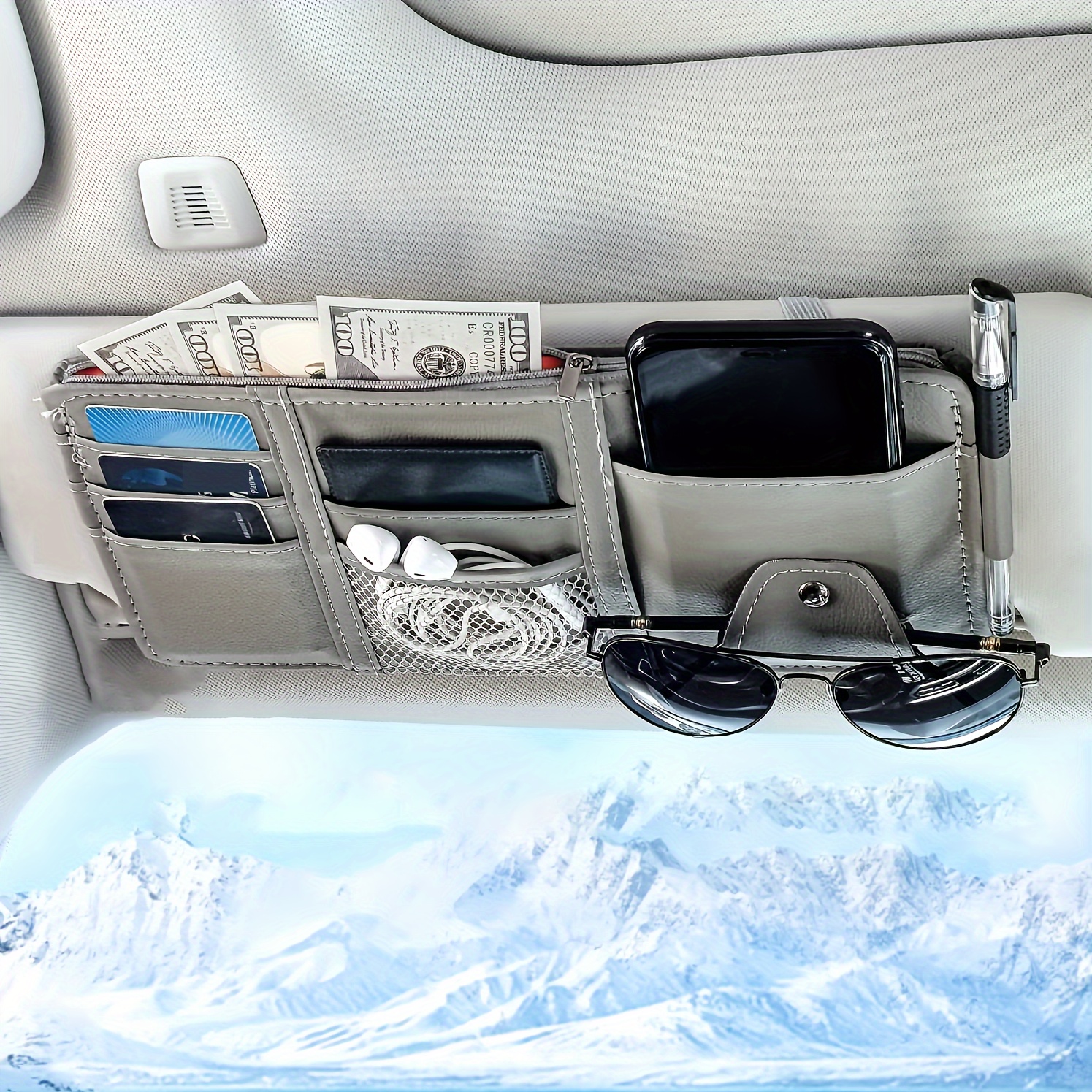 Car Sun Visor Organizer With Zipper Pocket And Holder