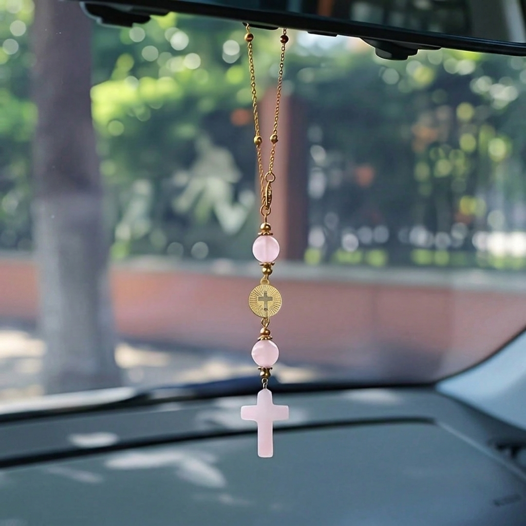 Handmade Cross Hanging Car Mirror Ornament With Decorative Stone Beads