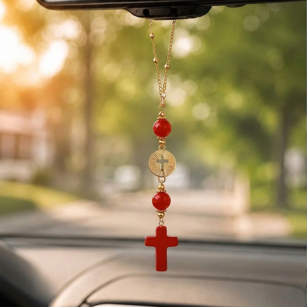 Handmade Cross Hanging Car Mirror Ornament With Decorative Stone Beads