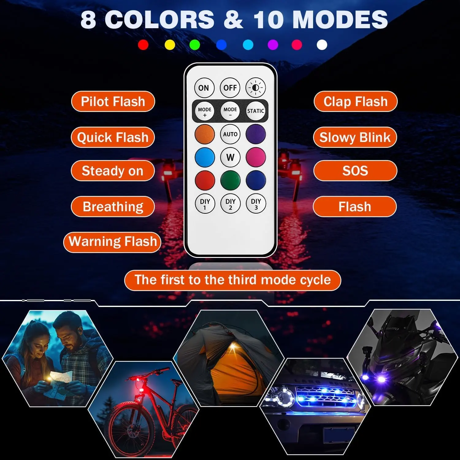 6PCS Wireless LED Lights for Car with Remote Control, Wireless LED Strobe Lights 8 Color&nbsp;USB Charing IP65 Waterproof Anti-Collision Warning Light for Car Interior Truck Motorcycle Drone Aircraft Bike