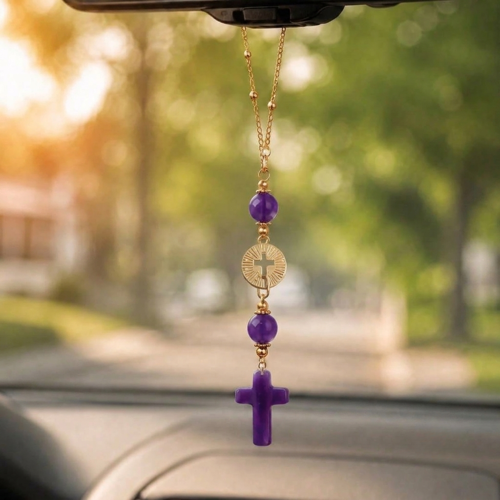 Handmade Cross Hanging Car Mirror Ornament With Decorative Stone Beads