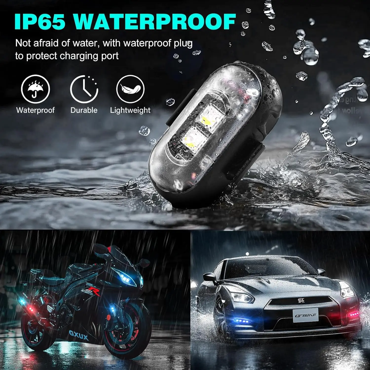 6PCS Wireless LED Lights for Car with Remote Control, Wireless LED Strobe Lights 8 Color&nbsp;USB Charing IP65 Waterproof Anti-Collision Warning Light for Car Interior Truck Motorcycle Drone Aircraft Bike