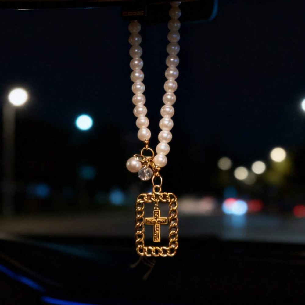 Beaded Cross Rearview Mirror Hanging Car Pendant
