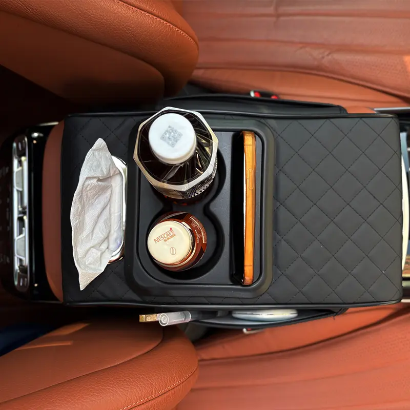 Quilted Car Center Console Armrest Organizer with Cup Holders and Tissue Holder