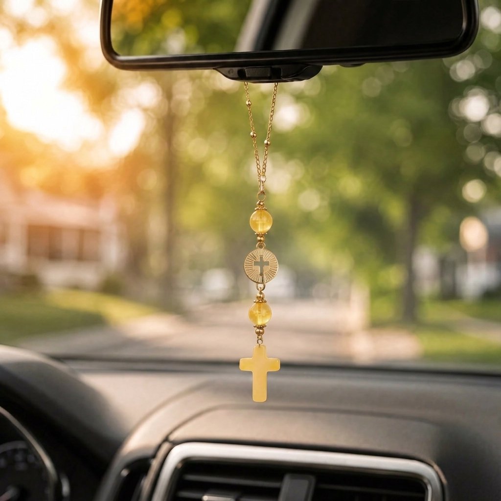 Handmade Cross Hanging Car Mirror Ornament With Decorative Stone Beads