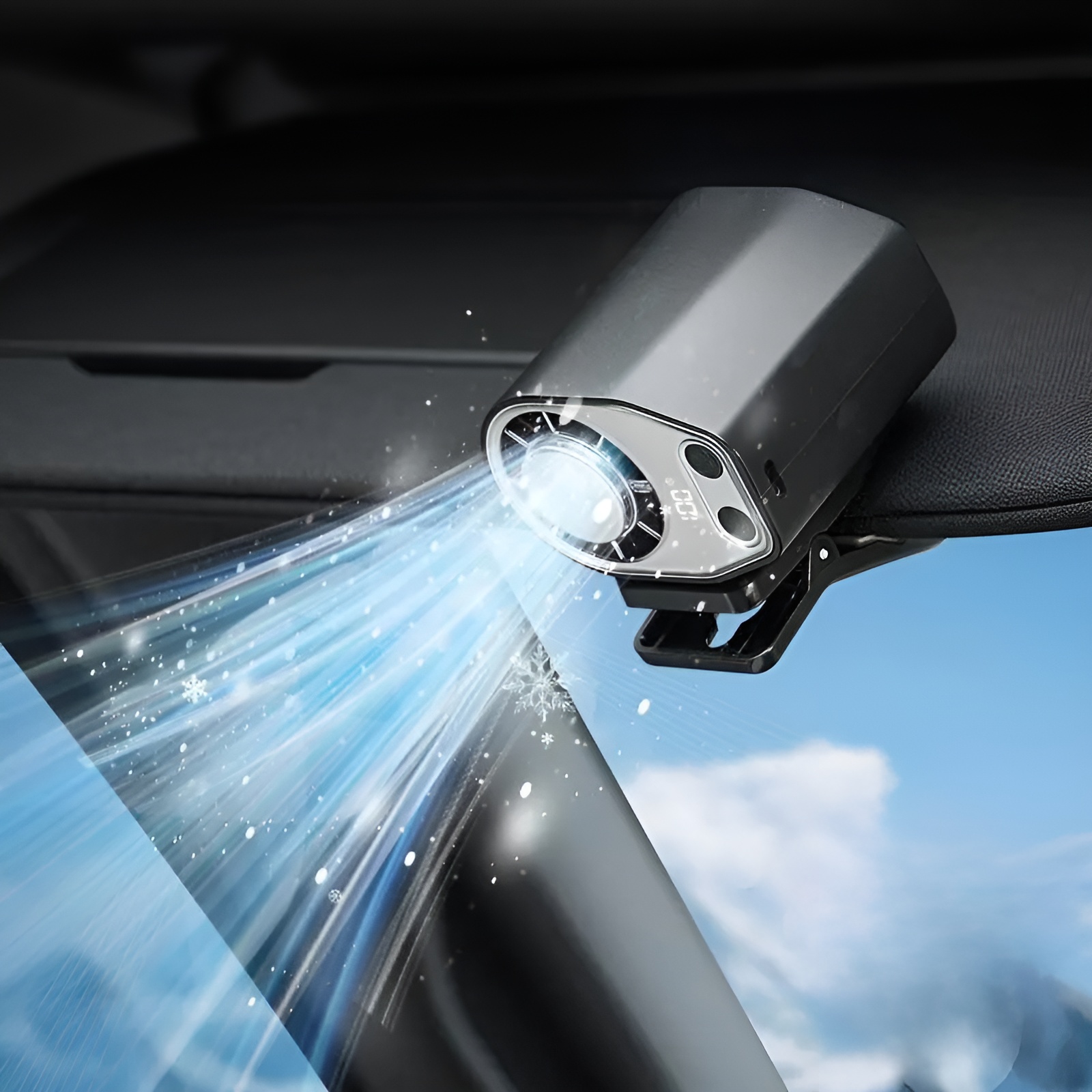 Adjustable Clip On Car Fan With LED Display And 360 Degree Rotation