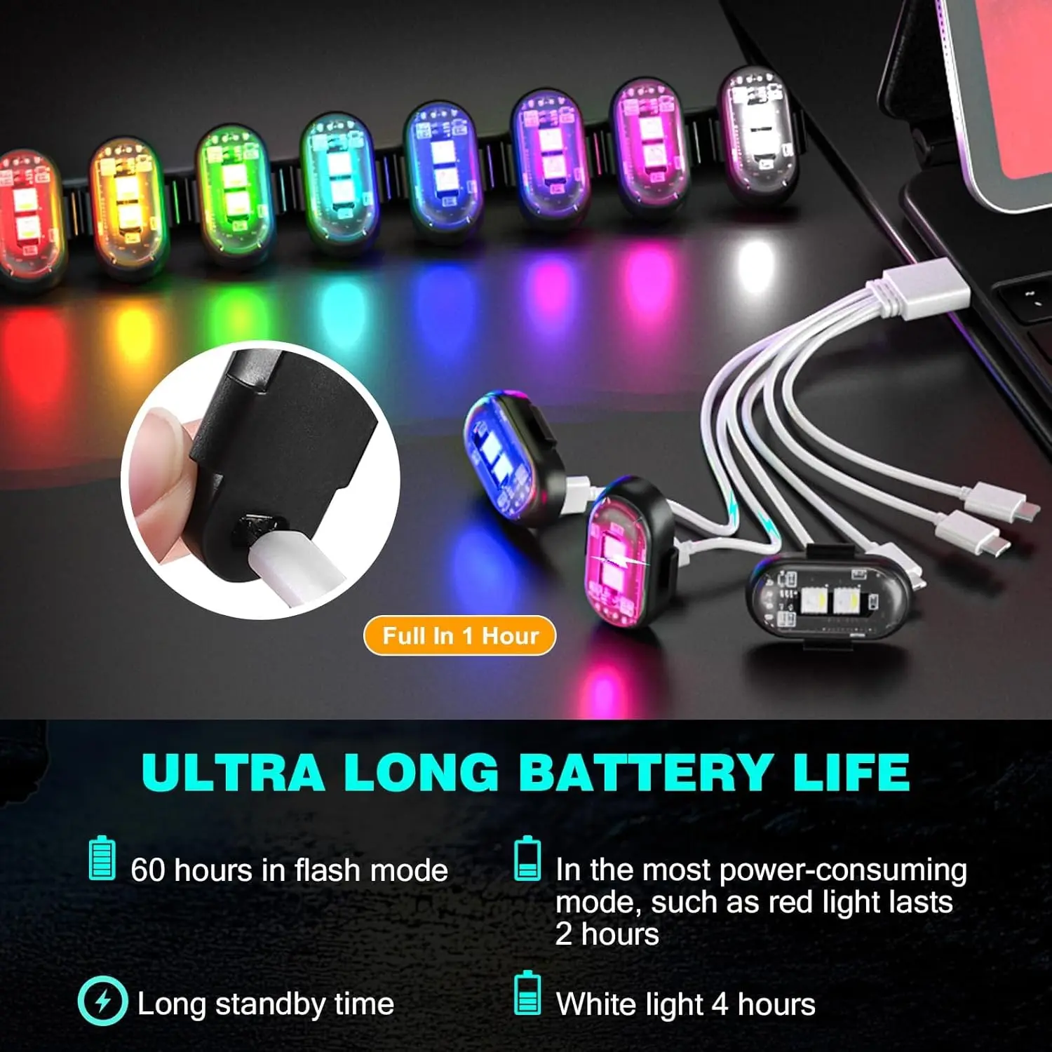 6PCS Wireless LED Lights for Car with Remote Control, Wireless LED Strobe Lights 8 Color&nbsp;USB Charing IP65 Waterproof Anti-Collision Warning Light for Car Interior Truck Motorcycle Drone Aircraft Bike