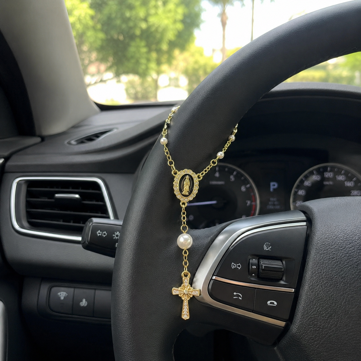 Pearl Cross Steering Wheel Rosary Car Pendant Interior Ornament Decor