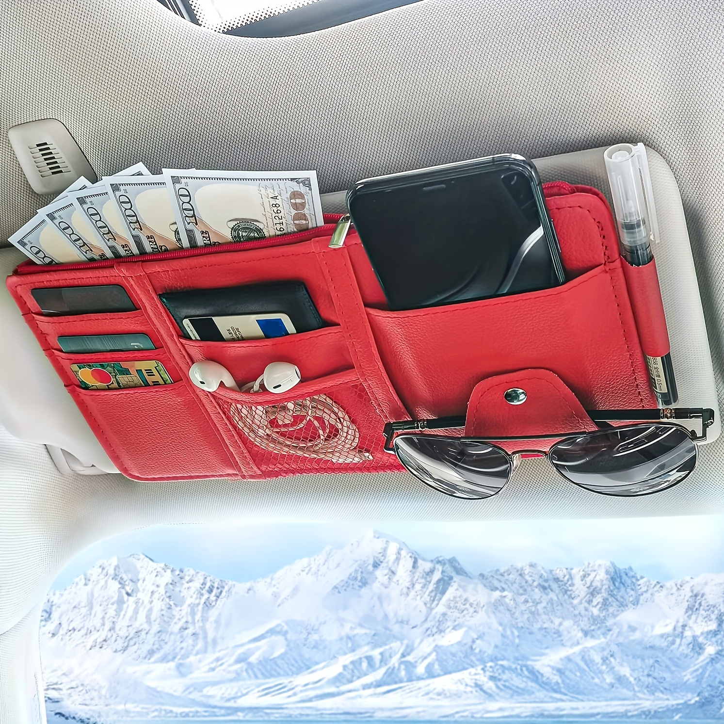 Car Sun Visor Organizer With Zipper Pocket And Holder