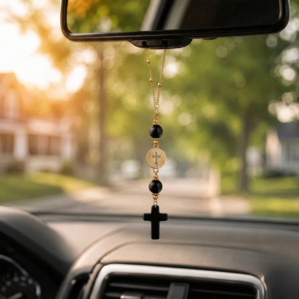 Handmade Cross Hanging Car Mirror Ornament With Decorative Stone Beads