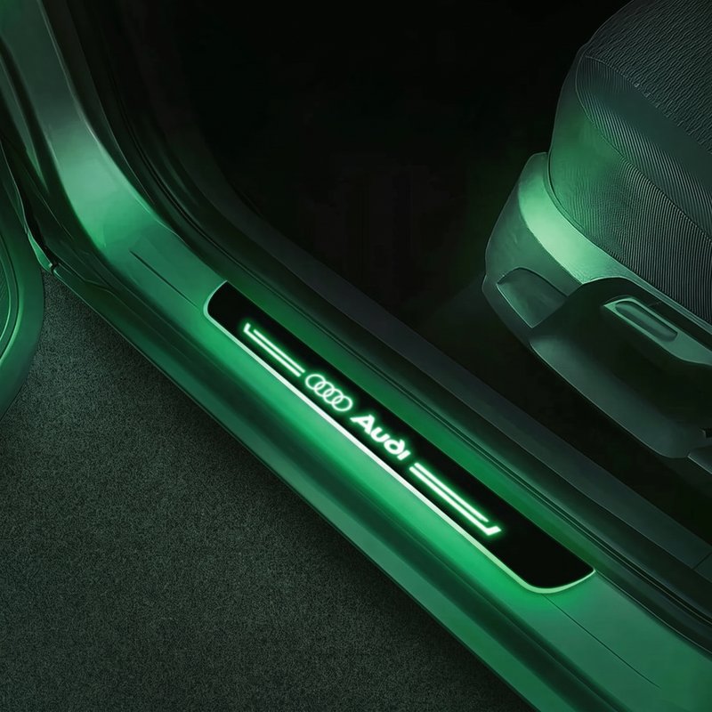 LED Door Sills Pro glowing green — one of 7 selectable colors