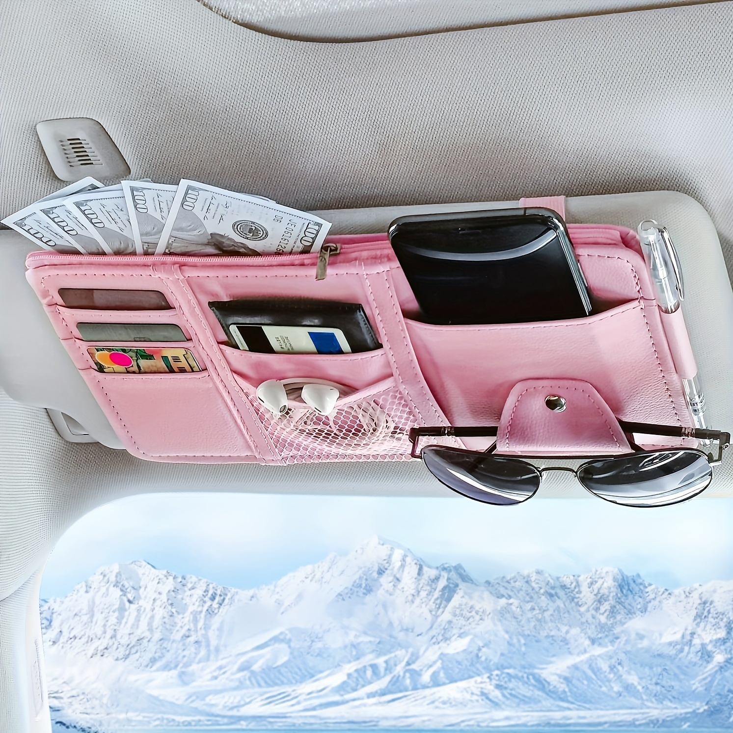 Car Sun Visor Organizer With Zipper Pocket And Holder
