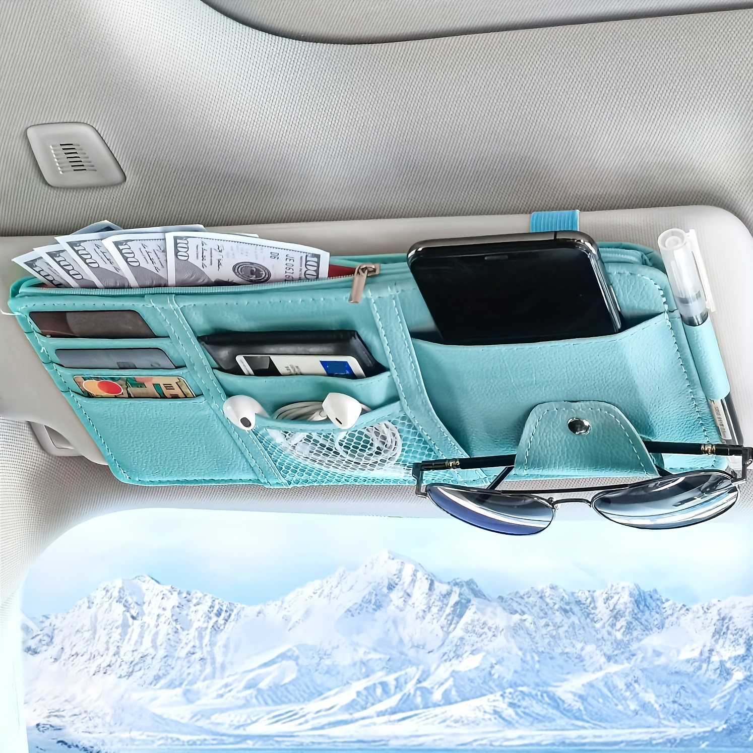 Car Sun Visor Organizer With Zipper Pocket And Holder