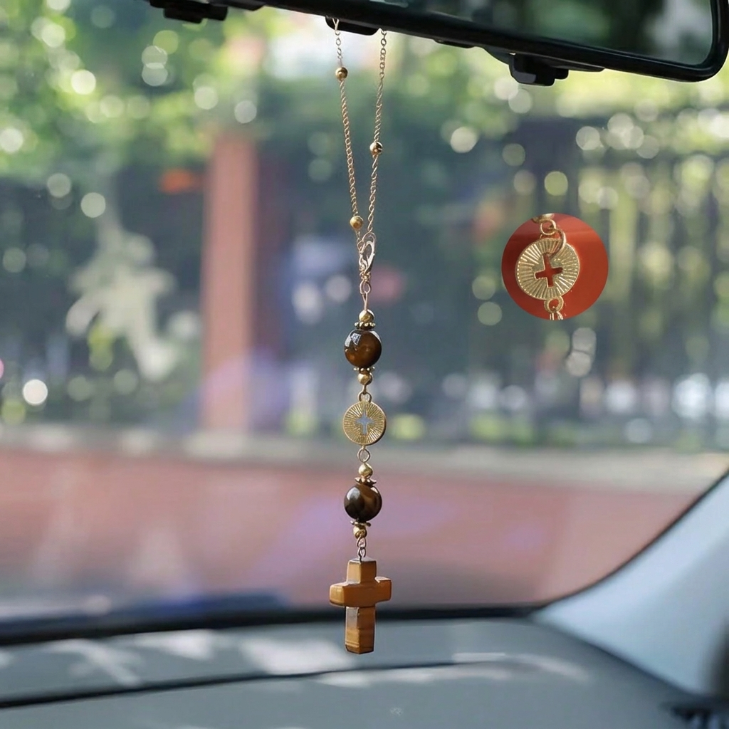Handmade Cross Hanging Car Mirror Ornament With Decorative Stone Beads