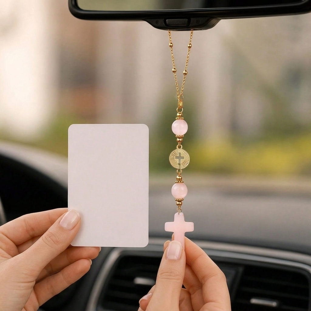 Handmade Cross Hanging Car Mirror Ornament With Decorative Stone Beads