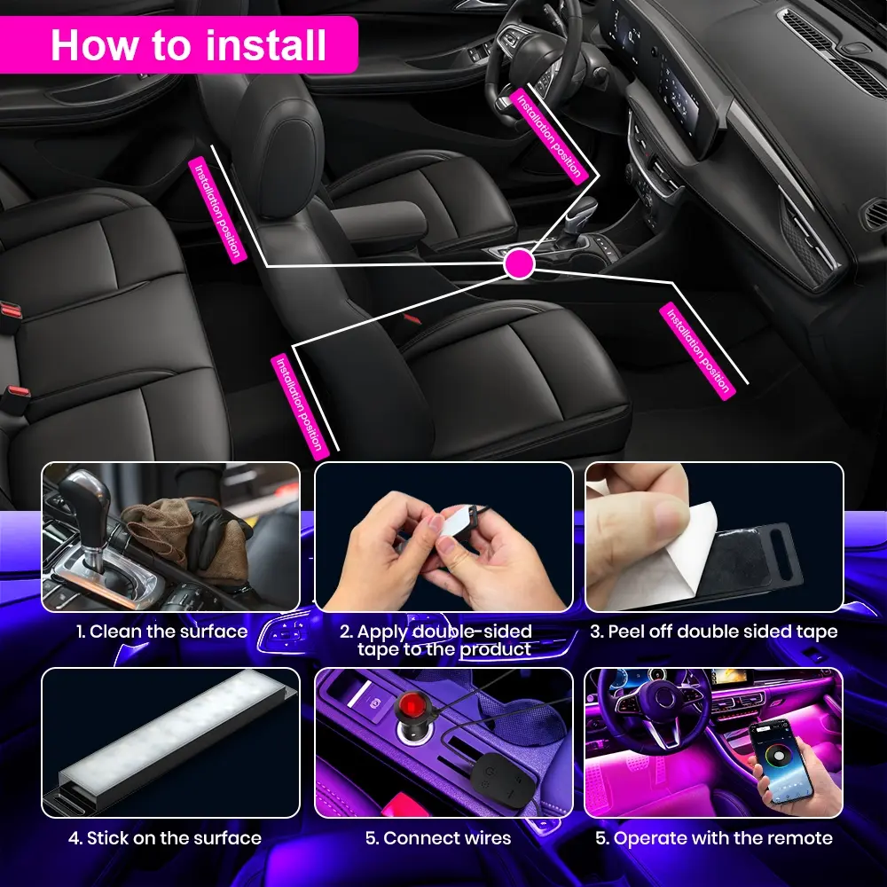 Smart RGB LED Car Interior Light Bar With App Music Control