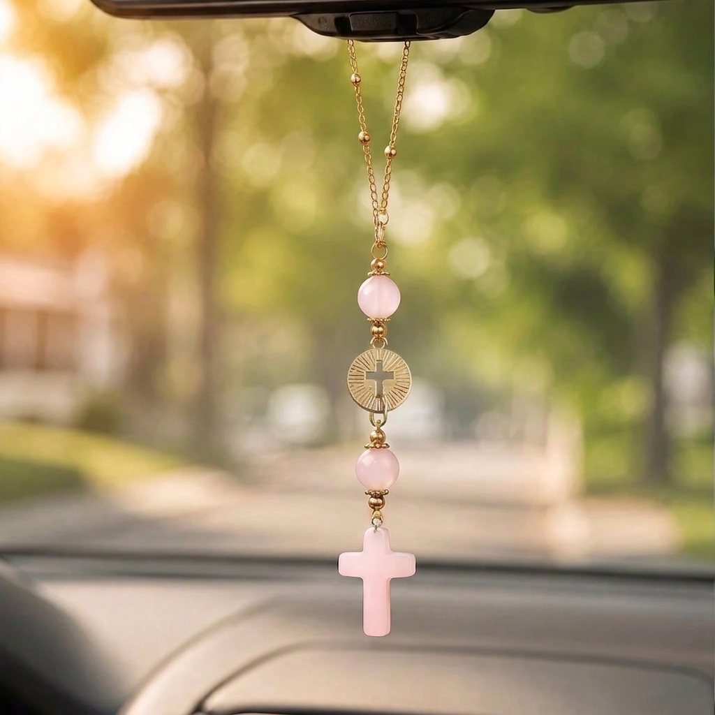 Handmade Cross Hanging Car Mirror Ornament With Decorative Stone Beads