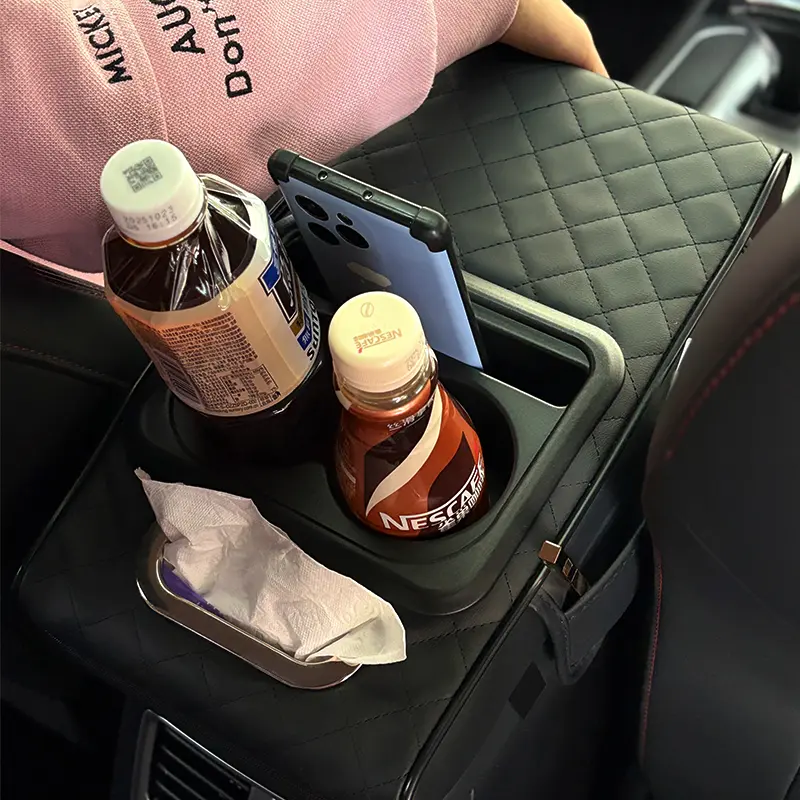 Quilted Car Center Console Armrest Organizer with Cup Holders and Tissue Holder
