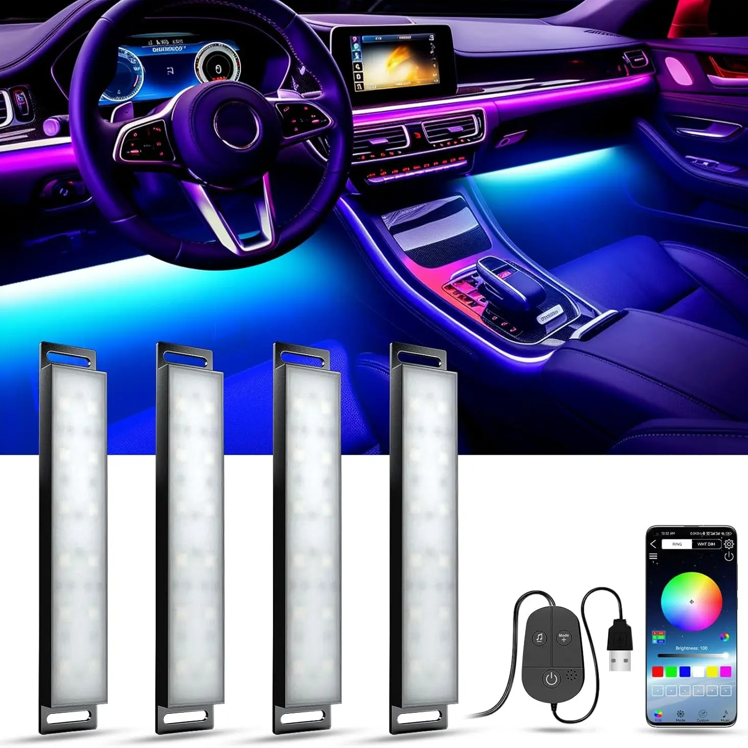 Smart RGB LED Car Interior Light Bar With App Music Control