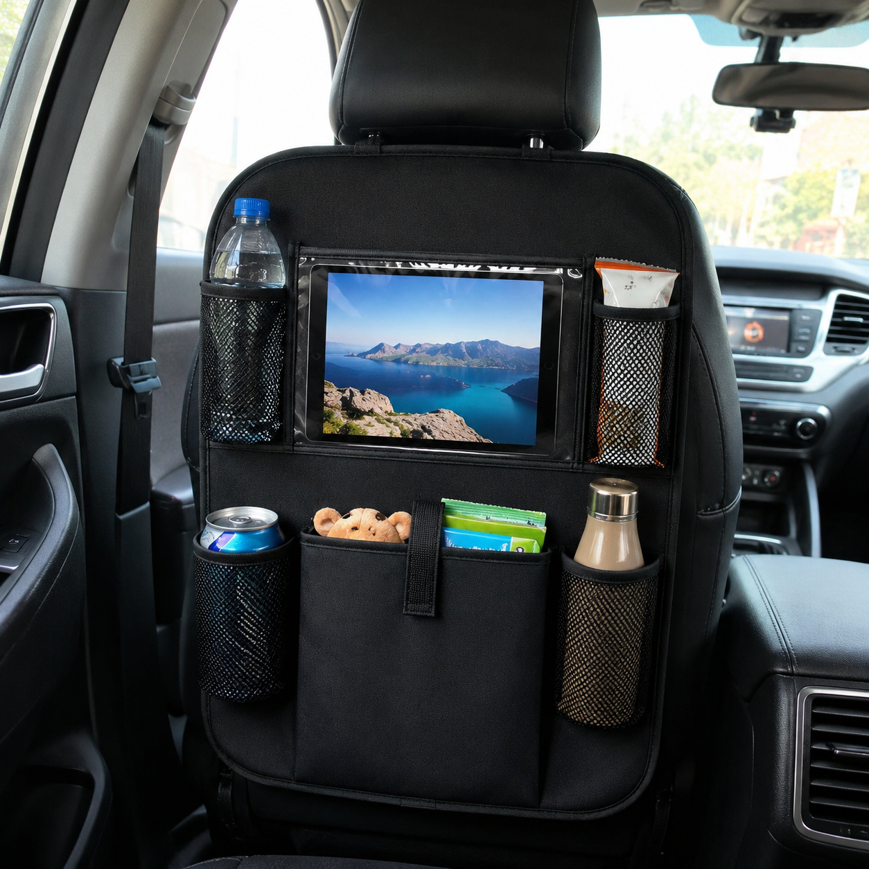 Car Rear Seat Organizer Bag For Drinks Tablets Toys And Accessories