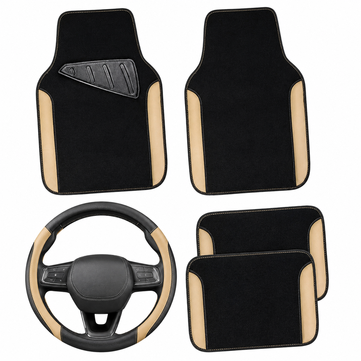 Waterproof Anti Slip Steering Wheel Cover And Floor Mats Universal Fit Set