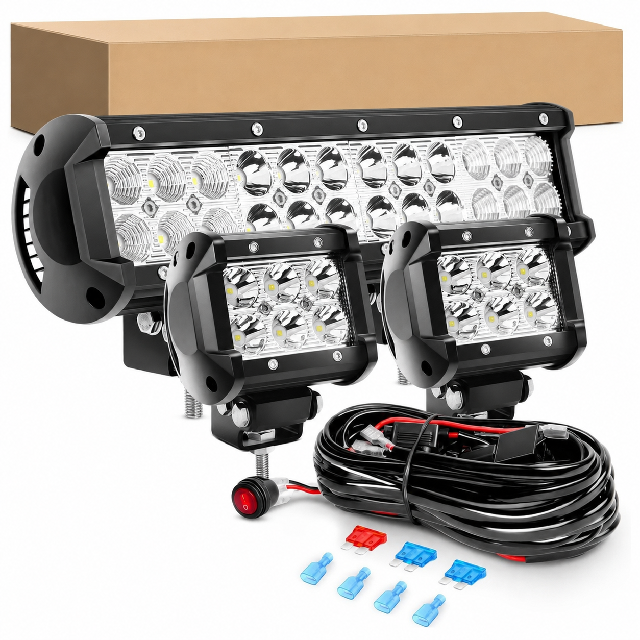 72W Car LED Light Bar Kit With 2 Piece 18W Flood Fog Lights Set And Wire Harness