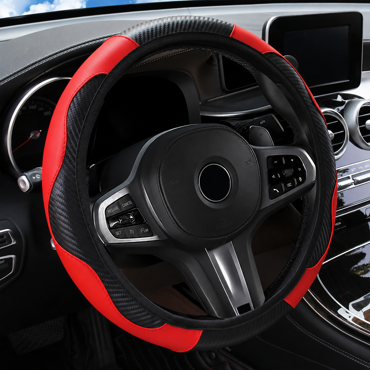 Leather Steering Wheel Carbon Fiber Faux Slip Cover