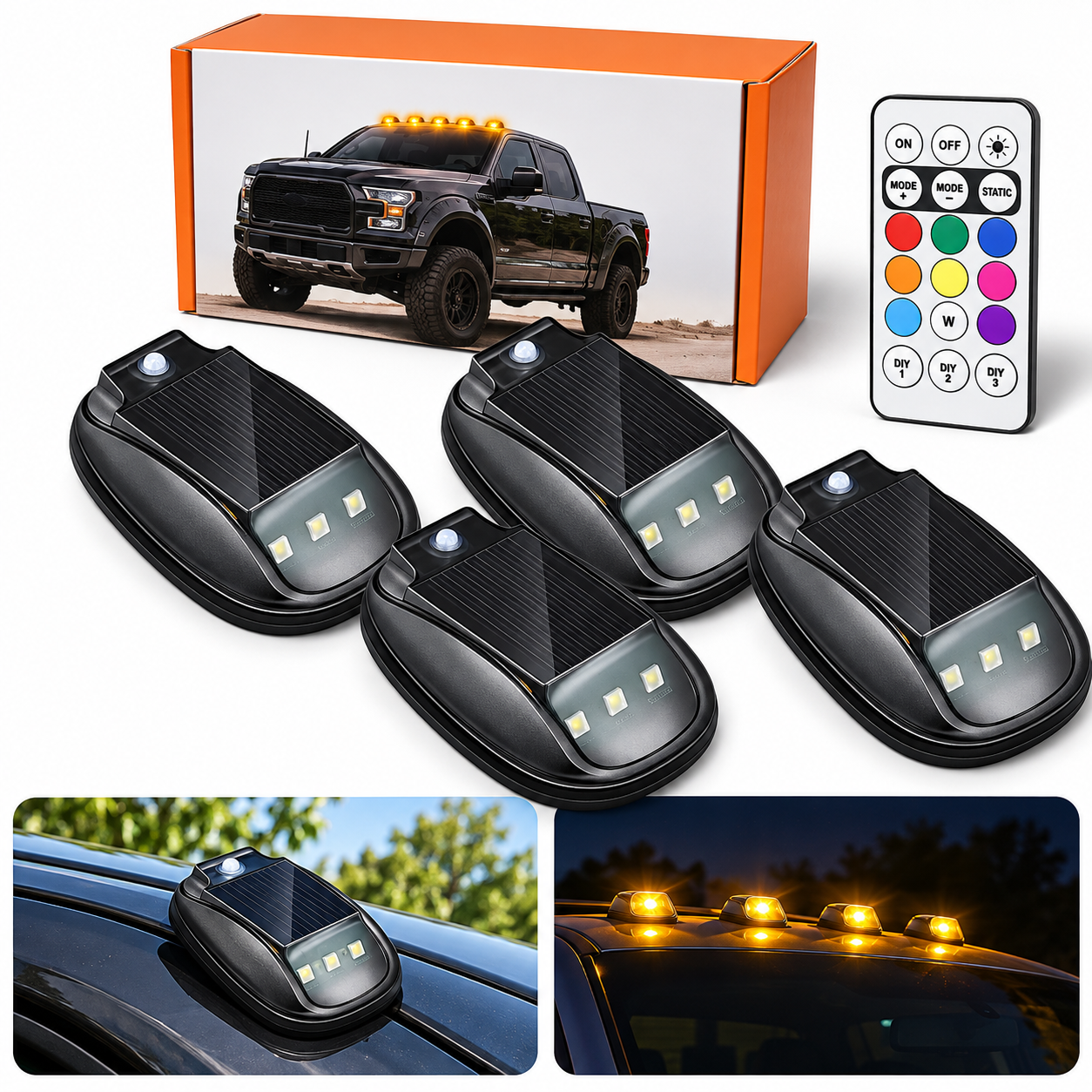 Solar Powered Waterproof Cab Roof Marker Lights With 8 RGB Color Modes
