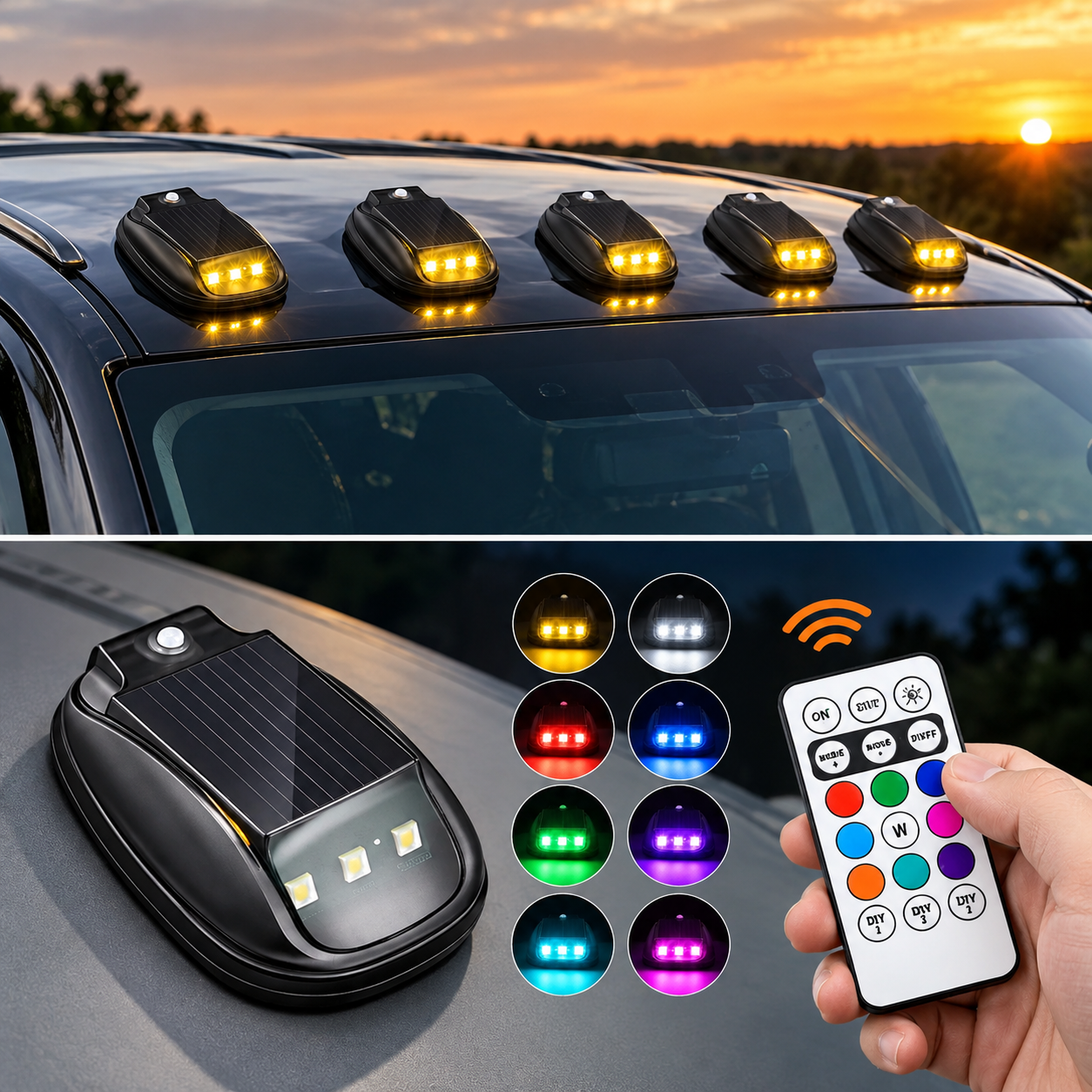 Solar Powered Waterproof Cab Roof Marker Lights With 8 RGB Color Modes