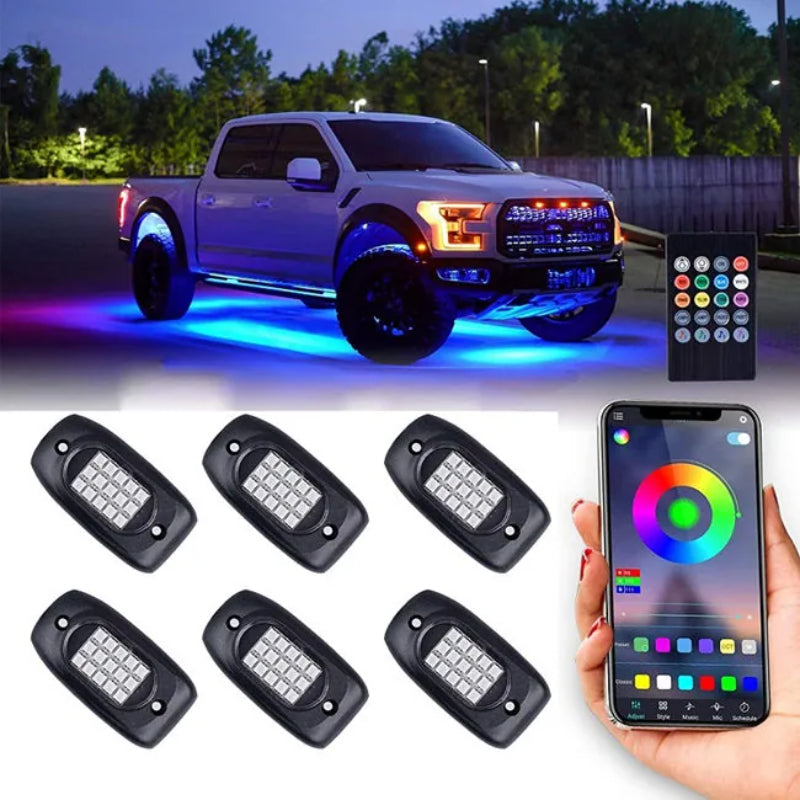 Set Of 6 Remote Control RGB LED Rock Light Kit-Car Door Sills