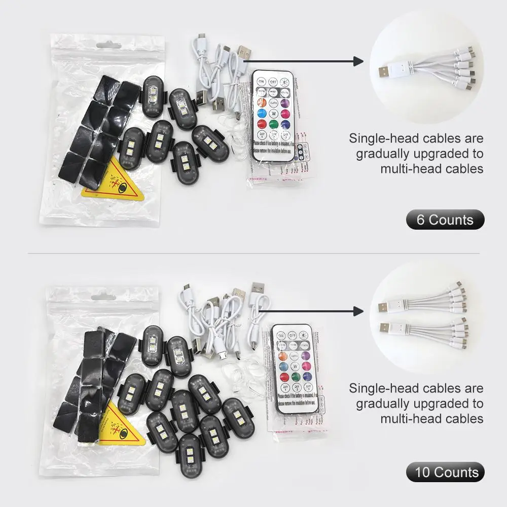 6/10Pcs Wireless LED Strobe Lights, Vehicle Led 8 Colors 10 Flash Modes USB Charging, High Brightness Waterproof Anti-Collision Led Flashing Emergency Warning Light for Car Drone