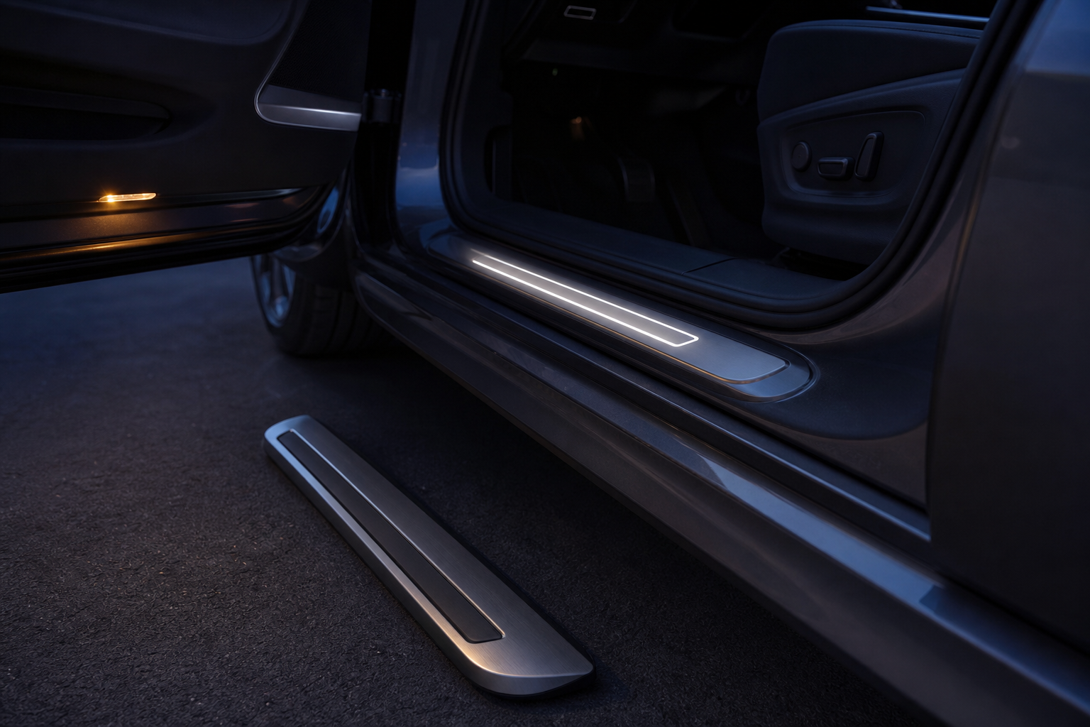 Illuminated LED sill plate shown beside the original plain car sill