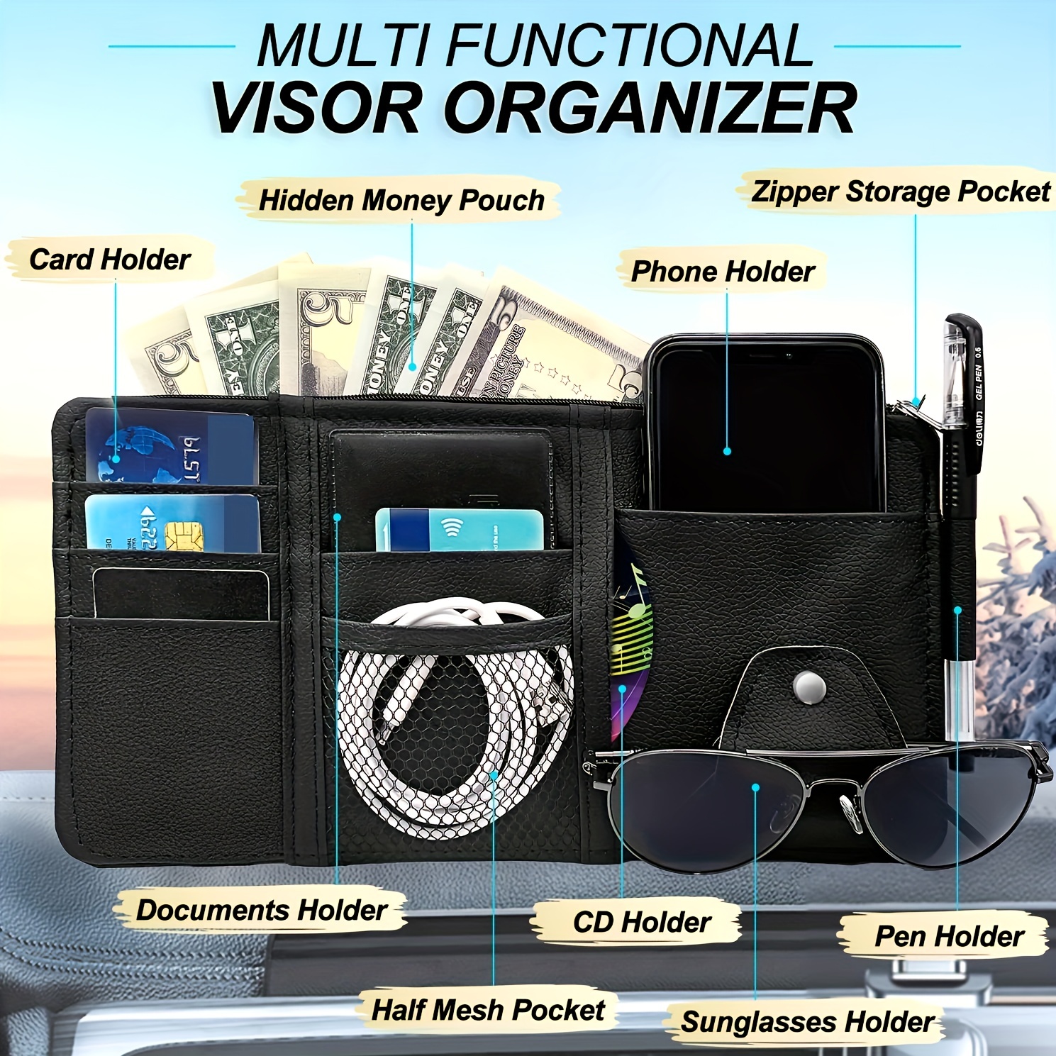 Car Sun Visor Organizer With Zipper Pocket And Holder