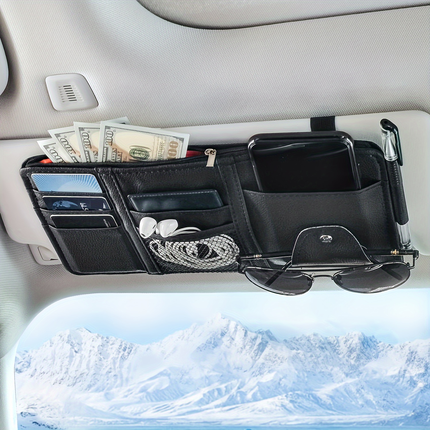 Car Sun Visor Organizer With Zipper Pocket And Holder