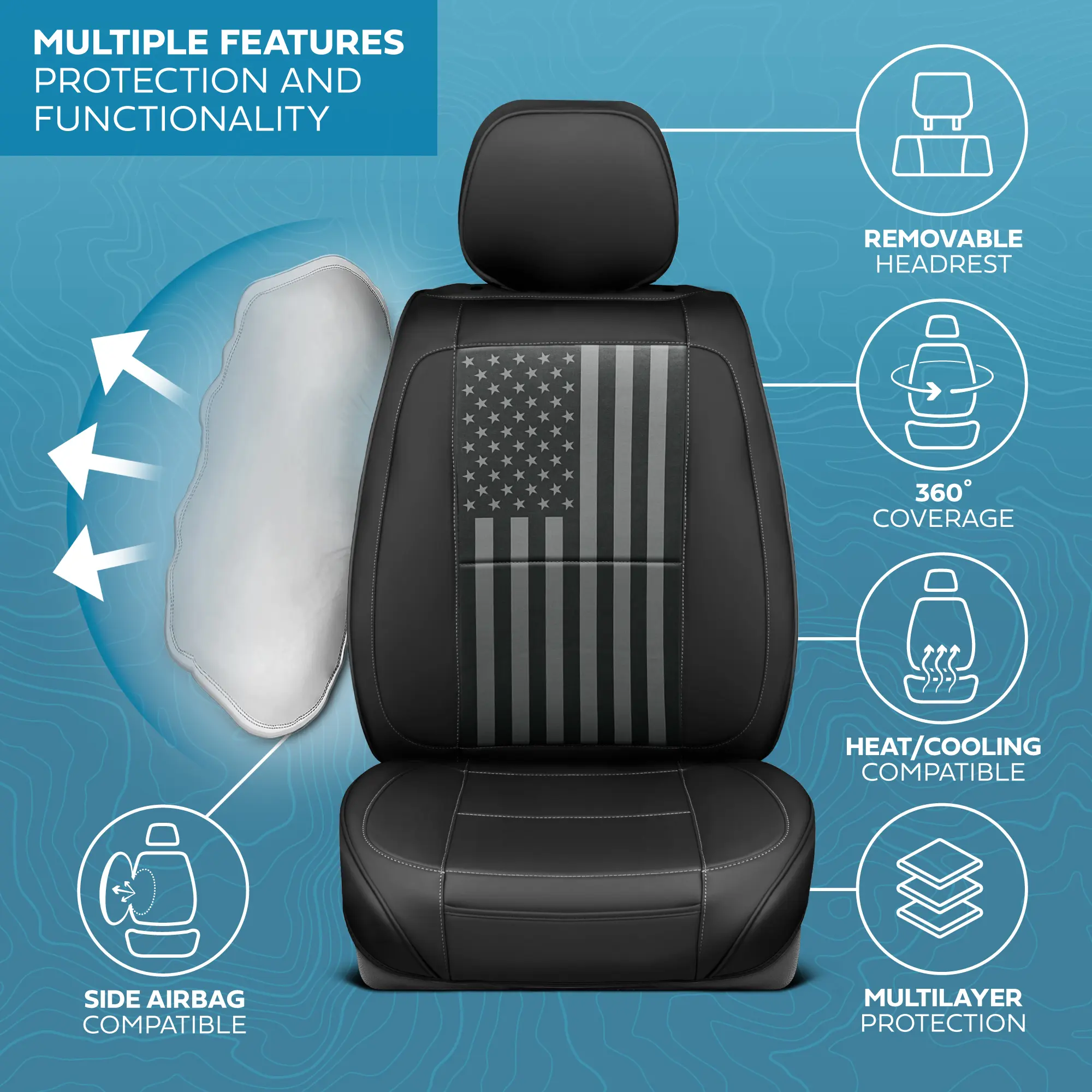 MotorBox American Flag Napa Leather Car Seat Covers for Trucks Cars & SUVs - Patriotic USA Flag Design - Premium Quality & Durability - Easy Installation & Protection Against Spills Stains Dirt & Wear