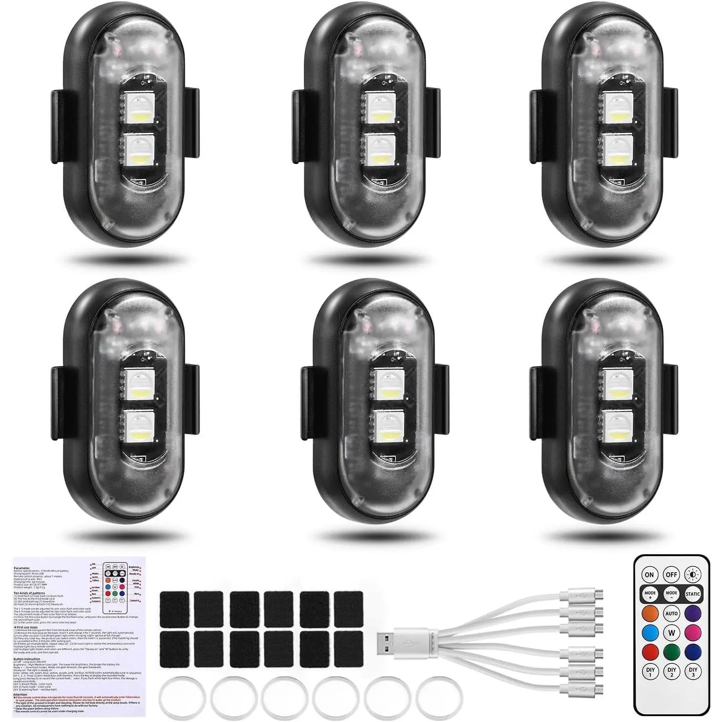 6PCS Wireless LED Lights for Car with Remote Control, Wireless LED Strobe Lights 8 Color&nbsp;USB Charing IP65 Waterproof Anti-Collision Warning Light for Car Interior Truck Motorcycle Drone Aircraft Bike