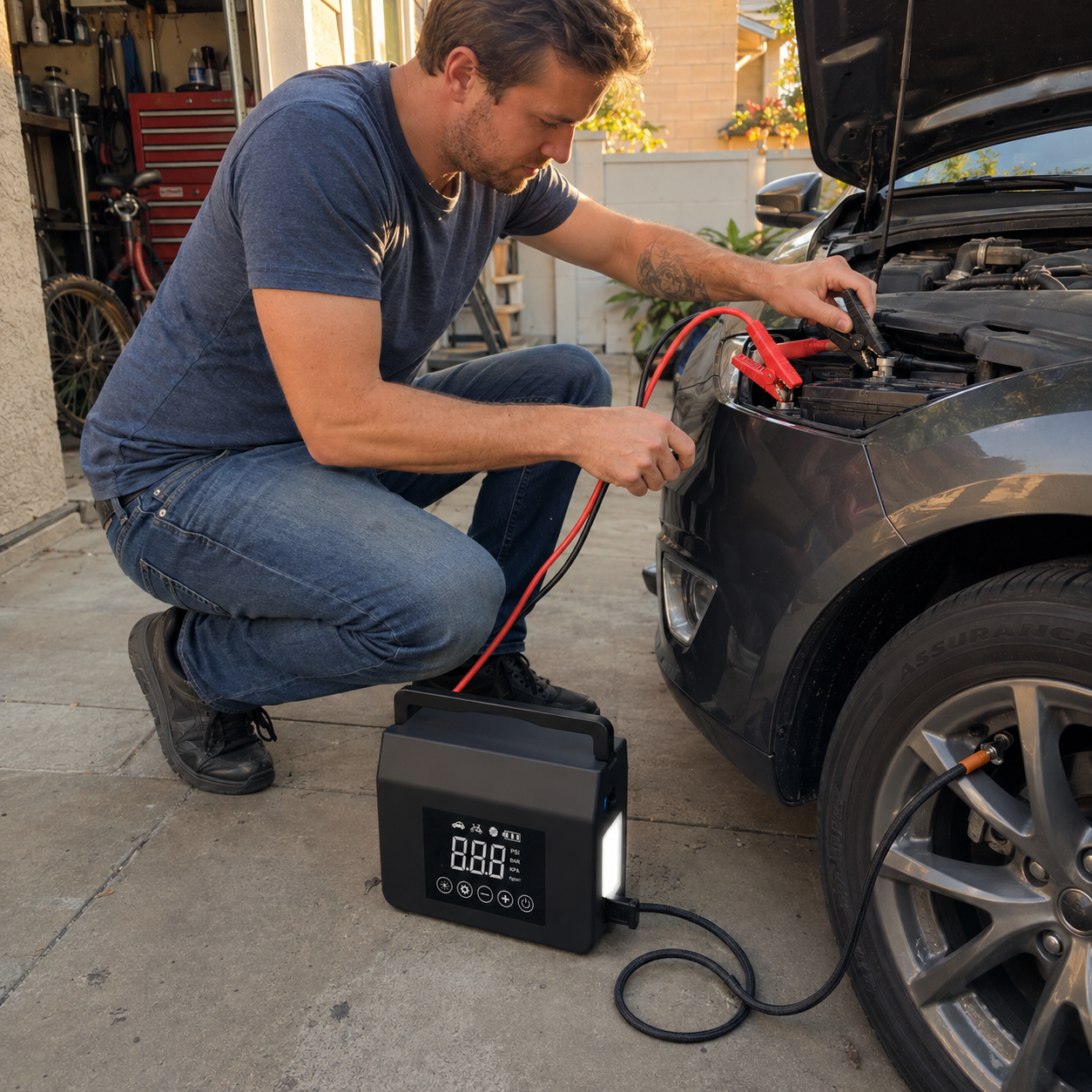 4000A Portable Car Jump Starter Air Compressor And Digital Tire Inflator