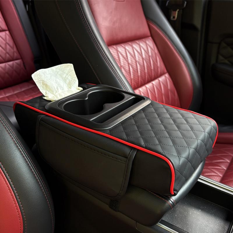Quilted Car Center Console Armrest Organizer with Cup Holders and Tissue Holder