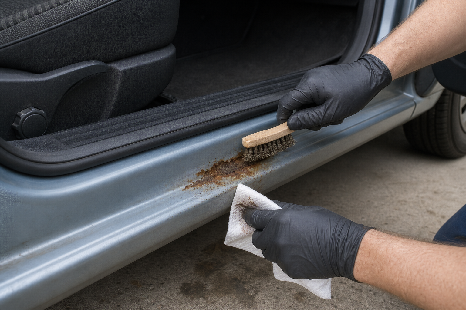 Surface rust being cleaned from the lower door sill of an older car