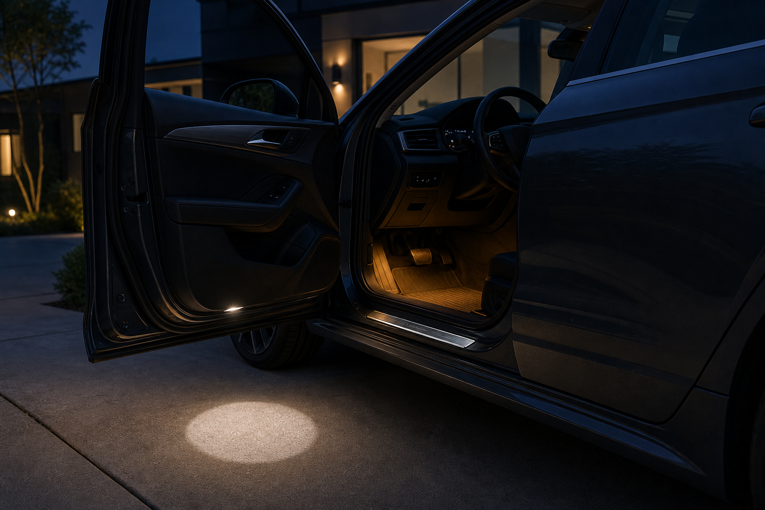Open car door showing an illuminated door sill, white courtesy projector light, and warm ambient footwell lighting