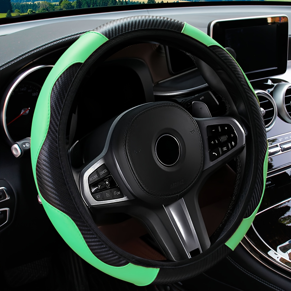 Leather Steering Wheel Carbon Fiber Faux Slip Cover