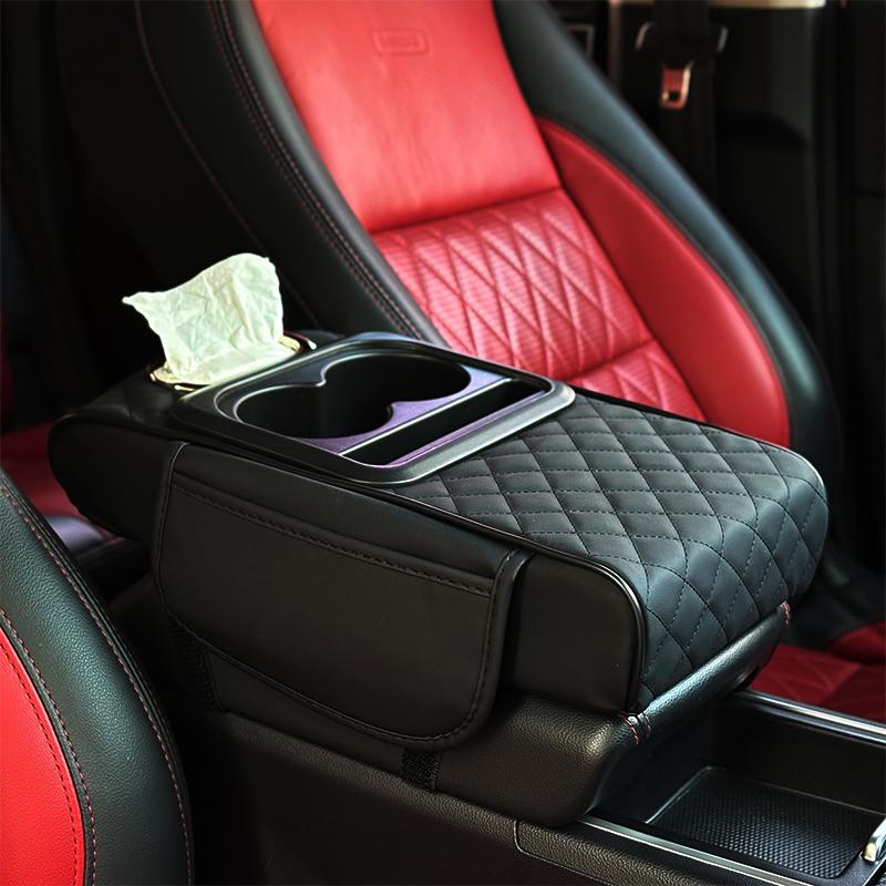 Quilted Car Center Console Armrest Organizer with Cup Holders and Tissue Holder